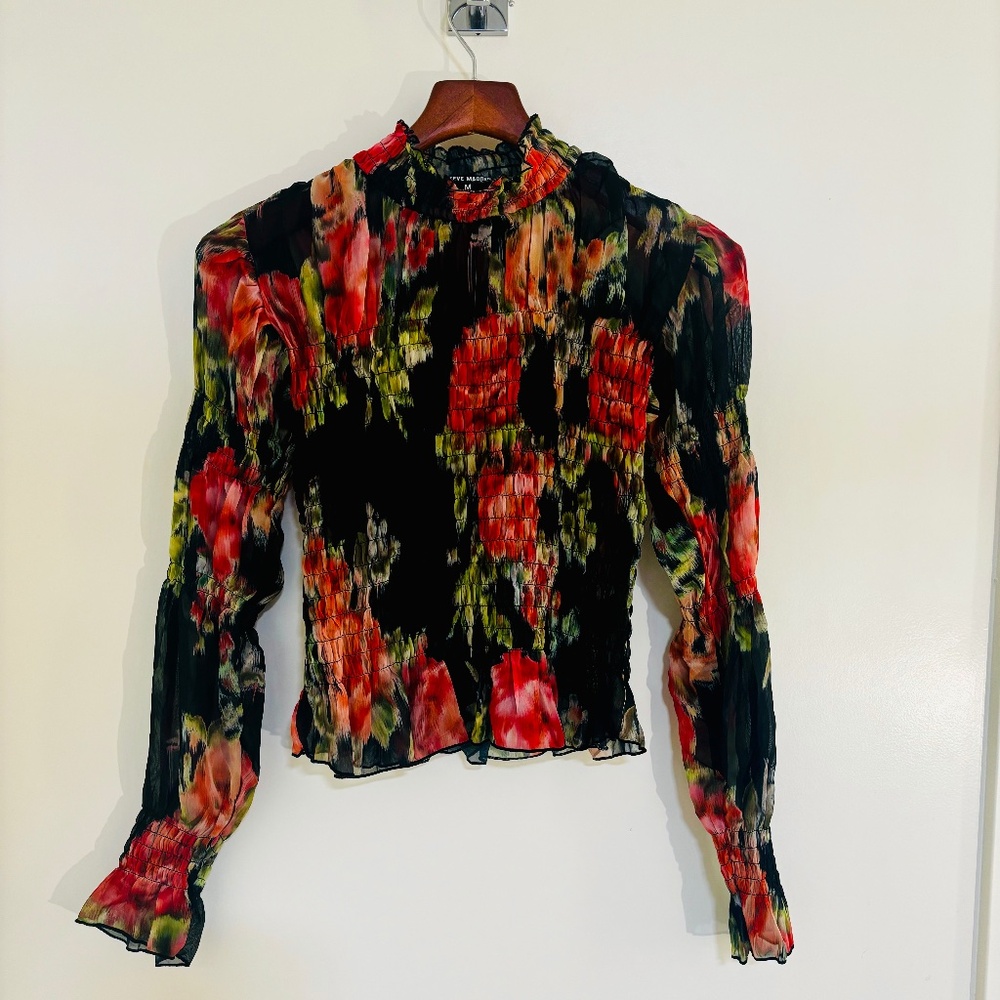 Floral print smocked turtleneck